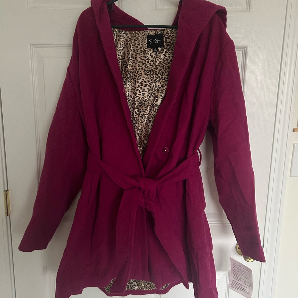 Magenta Hooded Coat with Leopard Lining